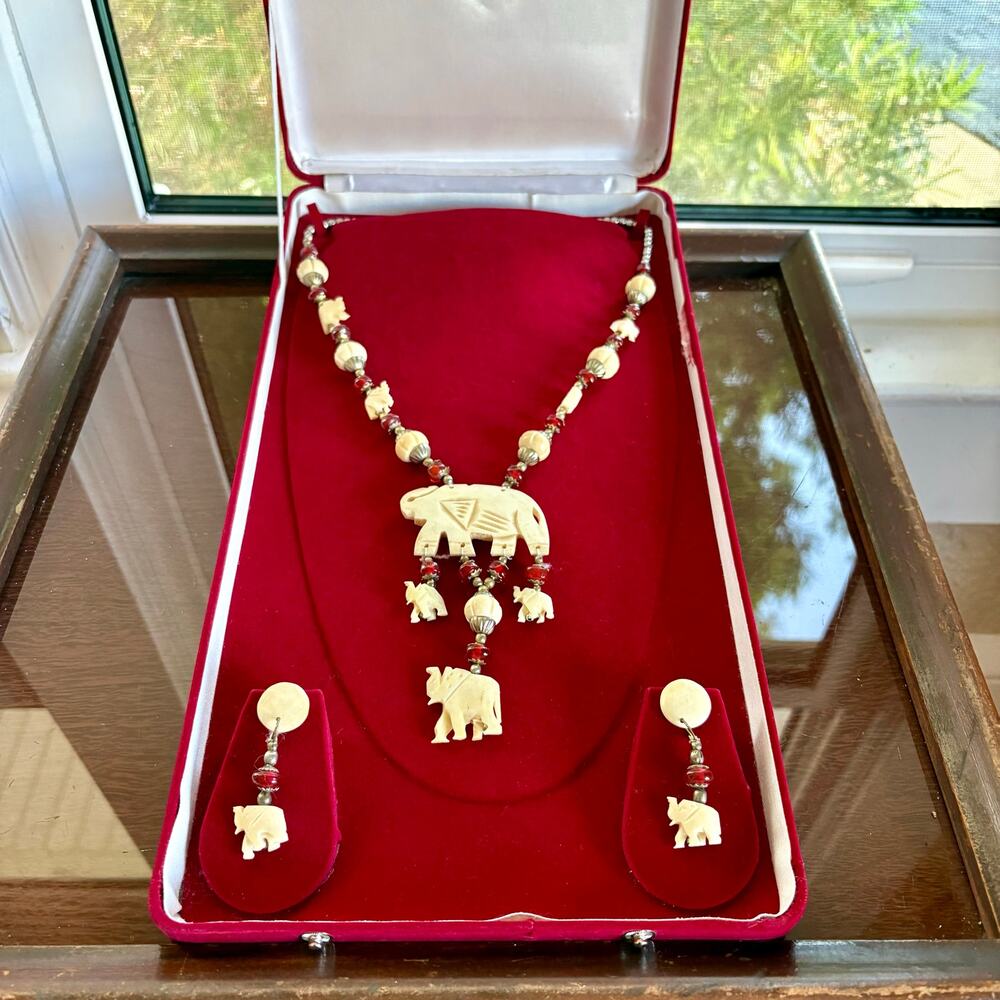Vintage Elephant Statement Necklace and Earrings Set with Red Beads